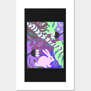 Rabbit and monstera leaves in purple Posters and Art